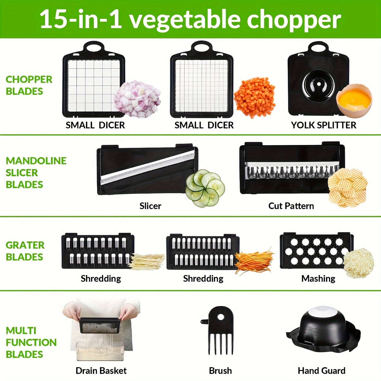 1 Set, 15-in-1 Premium Stainless Steel Vegetable Chopper - Multifunctional Fruit Slicer, Food Grater, Onion Mincer, Potato Shredder with 7 Square Blades, Draining Basket, and Manual Operation for Efficient Kitchen Tasks
