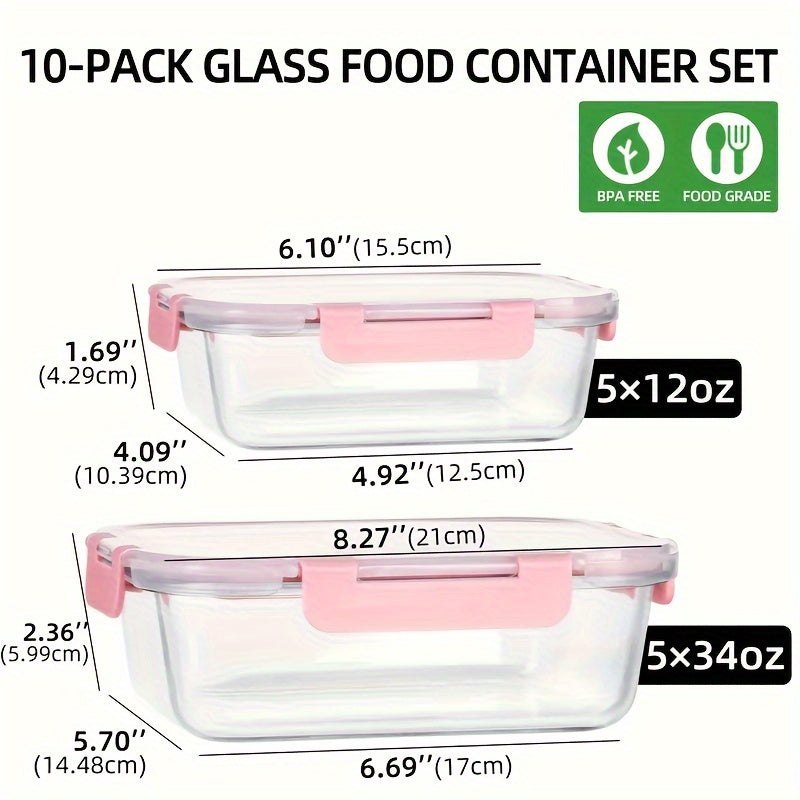 10pcs Storage Containers, Multipurpose Glass Meal Prep Containers, Leak Proof And Stackable Food Storage Containers With Airtight Lids, For Meat, Fruit And Vegetable, Kitchen Organizers And Storage, Kitchen Accessories
