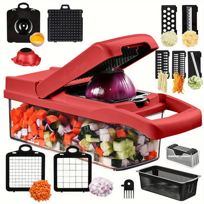 1 Set, 15-in-1 Premium Stainless Steel Vegetable Chopper - Multifunctional Fruit Slicer, Food Grater, Onion Mincer, Potato Shredder with 7 Square Blades, Draining Basket, and Manual Operation for Efficient Kitchen Tasks