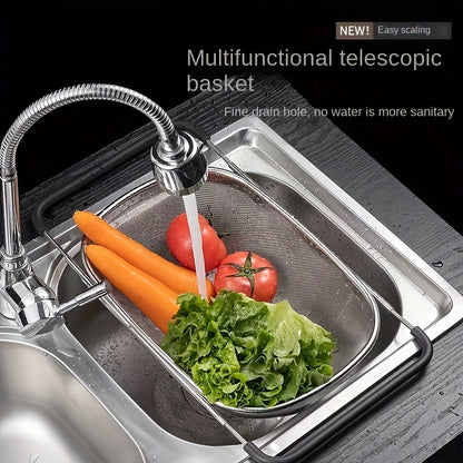 Stainless Steel Adjustable Sink Rack - 1pc Multifunctional Colander, Vegetable Sink Washing Basket, Fruit Drain Basket, Strainer Basket, Kitchen Gadgets, Kitchen Accessories
